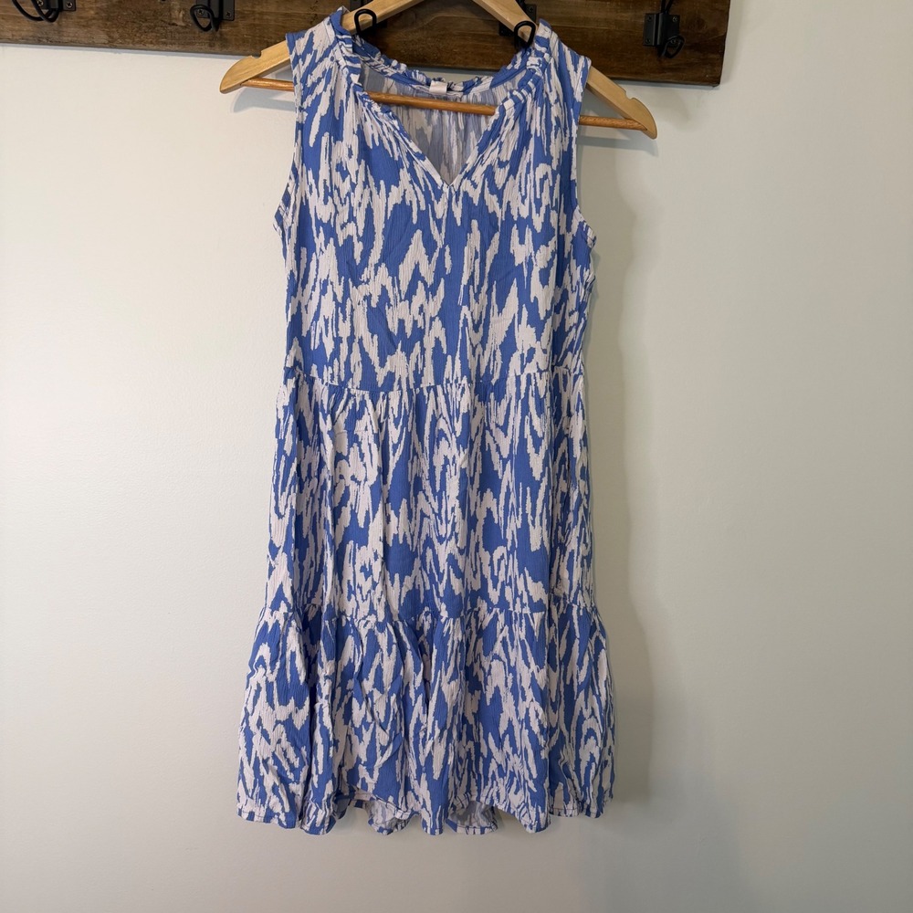 Beachlunchlounge Blue White Ikat Tiered Mini Dress XS Sleeveless Rayon LPD6603
